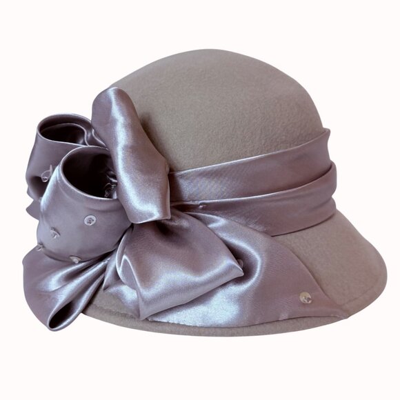 August Accessories Wool Cloche Hat Taupe Luxe Satin Sequin Beaded Bow Church - Picture 13 of 14